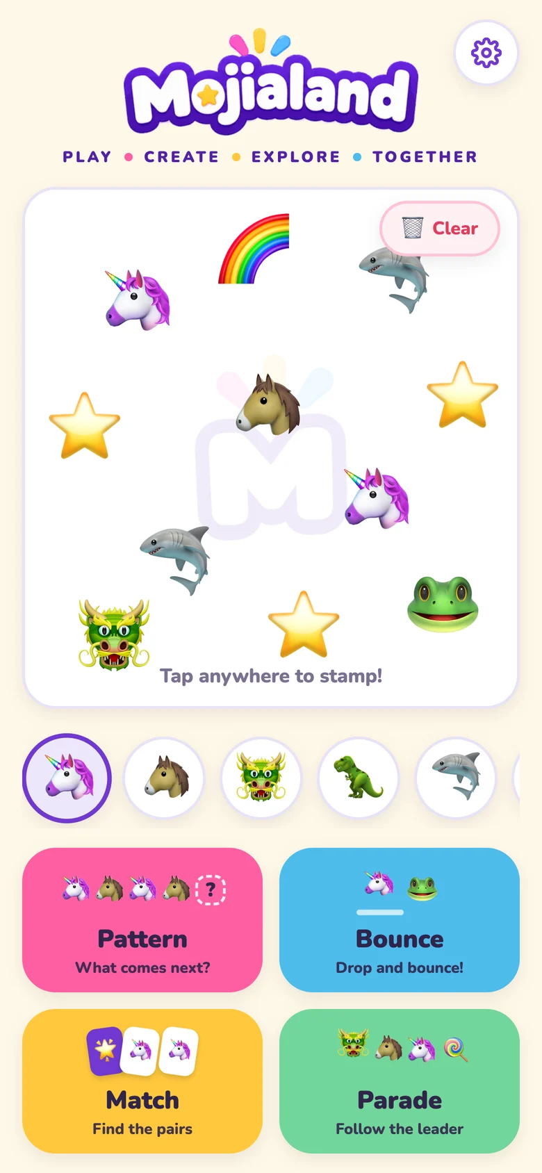 The Mojialand home screen: emoji stamped on a canvas, an emoji tray, and the Pattern, Bounce, Match, and Parade game tiles